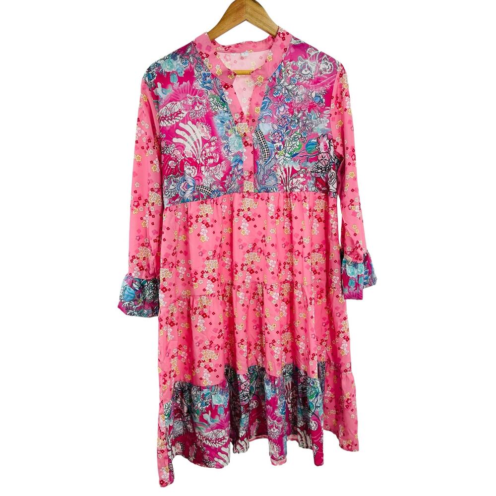 Boho Pink Floral Tiered Midi Dress